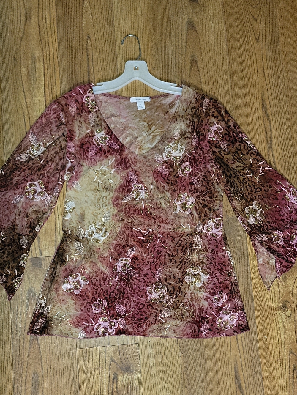 Dress Barn Rose Brown and Cream Gold Glitter Floral V-Neck Blouse
